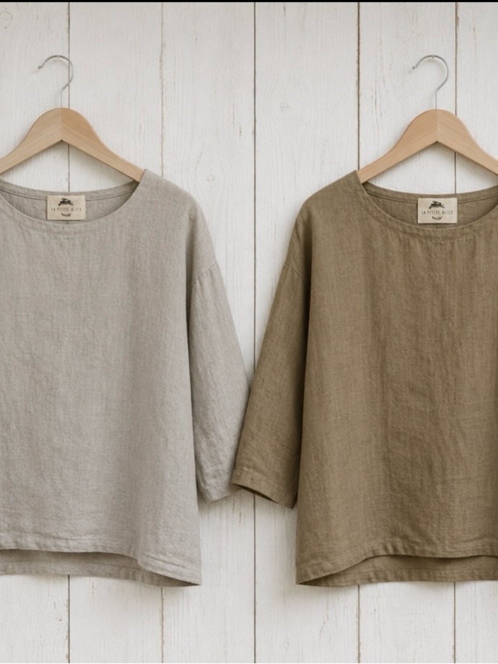 “Clara” Relaxed Linen Boxy Top in Light Beige and khaki green
